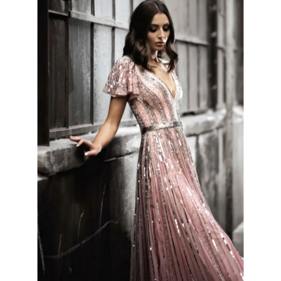 MAC DUGGAL Flutter Sleeve Embellished Plunge Neck A Line Gown Dress Size 14 - Picture 4 of 8